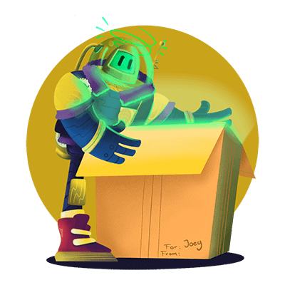 Mascot Joëy opens a box